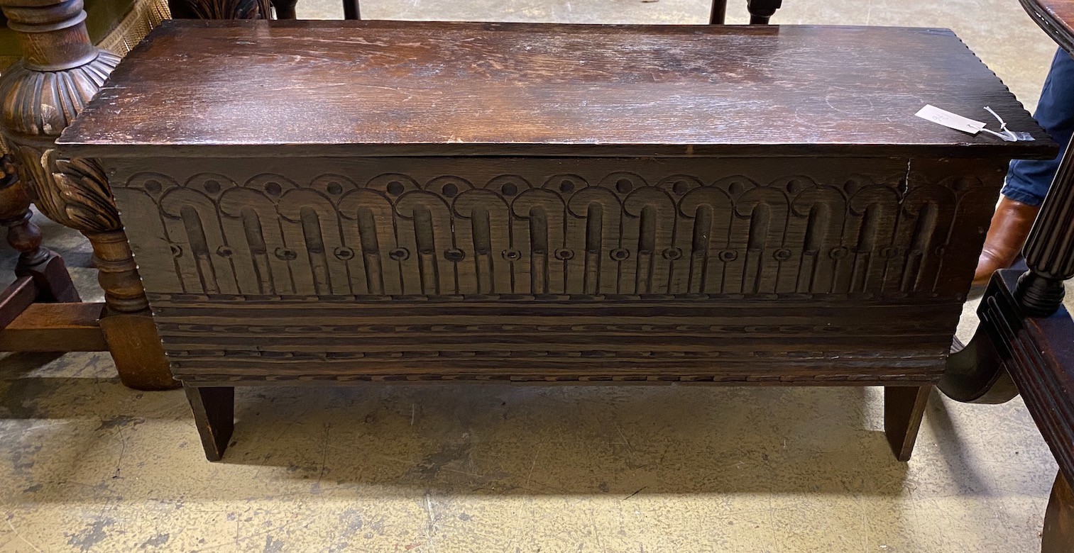 A 17th century style oak and elm six plank coffer, length 108cm, depth 34cm, height 54cm